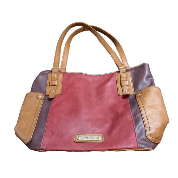 Relic Women's Tri-Tone Leather Shoulder Bag Burgundy Brown Tan Zip Casual​​ - Picture 1 of 8